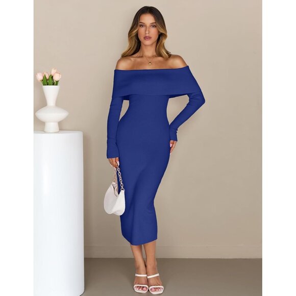 Merokeety Women's Royalblue Off Shoulder Long Sleeve Elegant Bodycon Midi Dress - Picture 2 of 9